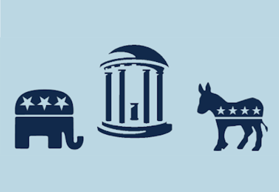 Silhouettes of the Republican elephant, Old Well, and Democratic donkey